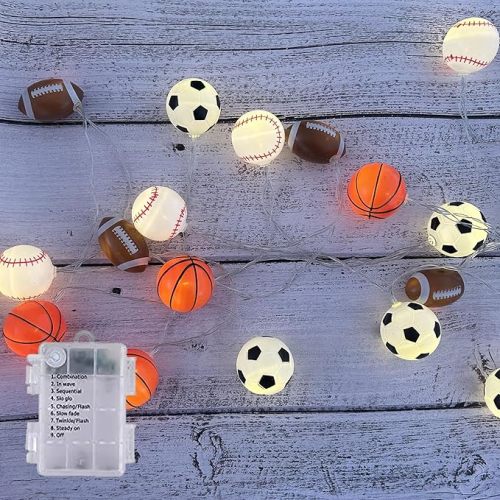 Sport Ball Theme Room Decor String Lights with 8 Mode,Battery Operated 14 ft 20 LED Mix Baseball Basketball Football Soccer Led Lights for Bedroom Christmas Themed Tree Party Decoration