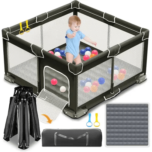 ICAREWAY Foldable Playpen for Babies and Toddlers, 50x50 Inches Portable Playpen, Kids Collapsible Play Pen with 2 Handlers, Indoor & Outdoor Baby Fence Play Area with Visible Mesh, Black