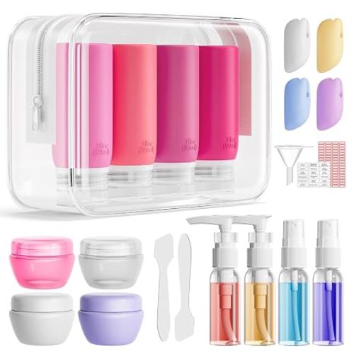 Muslish 21 Pack Travel Bottles for Toiletries, Leak-Proof TSA Compliant Silicone Travel Size Containers for Shampoo and Conditioner, BPA Free with Toiletry Bag (Cream)