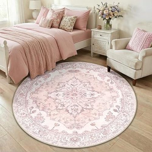 RELEANY Area Rugs 5ft Washable Non-Slip, Floral Vintage Distress Print Pattern Medallion Carpet for Living Room Bedroom Dining Room, Pink Greypink Cute