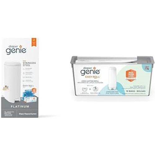 Bundle of Diaper Genie Platinum Pail (Lilly White) + Easy Roll Refill (18 Bags)