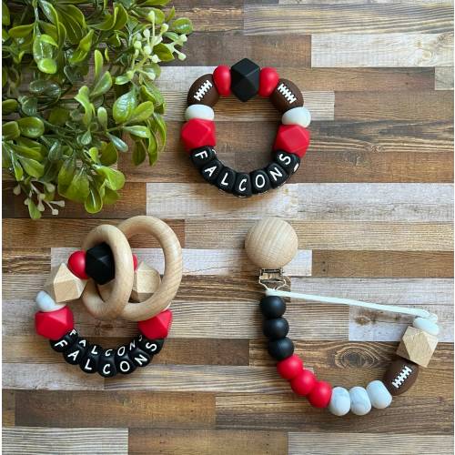 Atlanta Falcons Toy Collection - Pacifier Clip - Loop Rattle - Go Falcons - Baby Falcons Toy Rattle - Red - Black - Football - Baby Gift