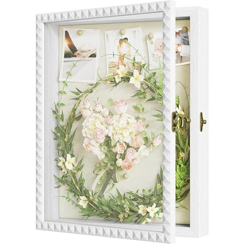 SZQINJI Shadow Box Frame 11x14 Deep Large Shadow Box Display Cases Wood Memory Box with Diamond Shape Door Vintage Lock for Graduation Medals Photos Baby Wedding Flower Pet Memorial Keepsakes White
