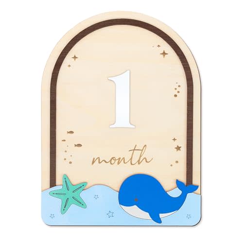 Baby Milestone Wooden Plaque, Ocean Theme, Monthly Milestone Marker for Newborns