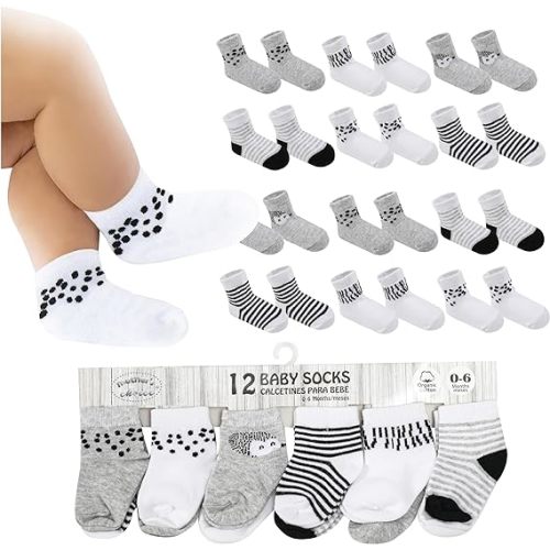 Baby Socks 0-6 Months, Organic Cotton Infant Socks, Unisex, Soft & Hypoallergenic Newborn Socks, 12 Pairs - Gray - White