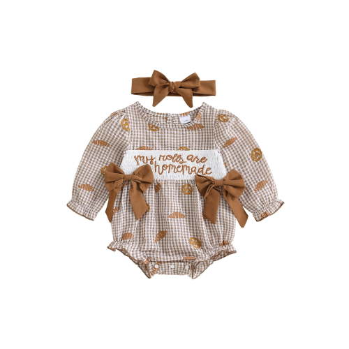 My First Thanksgiving Baby Girl Outfit Newrborn Plaid Bubble Romper Smocked Croissant Bodysuit Baby Girl Fall Clothes