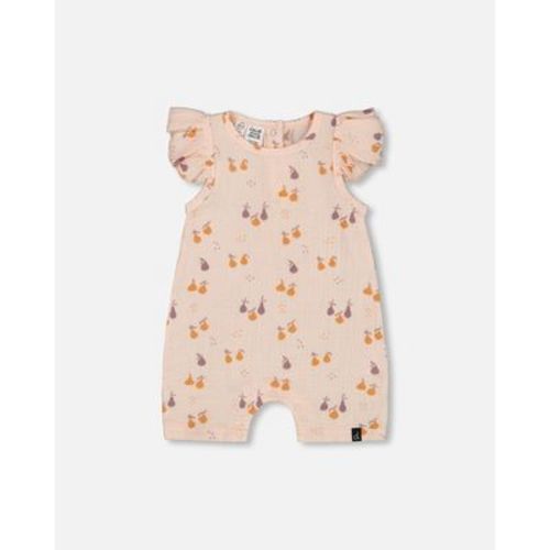 Deux par Deux Girl Printed Muslin One Piece Romper Peach with Pears