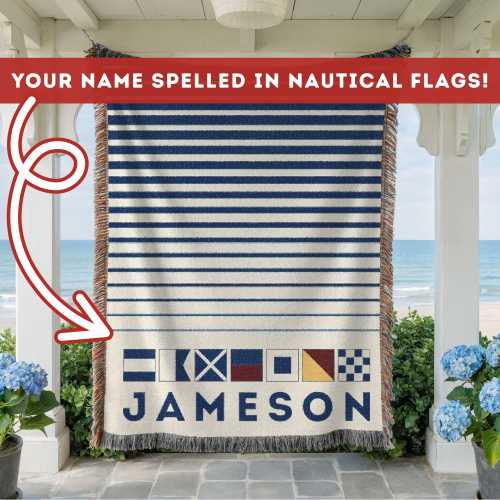 Personalized Nautical Flag Woven Blanket, Name in Boat Flags, Maritime Signal Flag Throw, Sailing,  Naval Flag Coastal Grandma Tapestry Gift