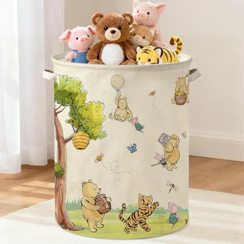 Oval Classic Winnie Bear Baby Laundry Basket Hamper for Nursery, Neutral Vintage Winnie Baby Stuff Waterproof Storage Basket Canvas Clothes Hamper