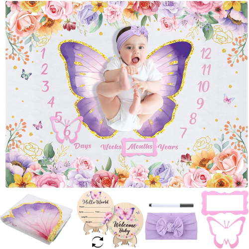 ARLAJO Butterfly Milestone Blanket for Baby Girls Baby Milestone Blanket|Newborn Growth Blanket Photography Background with Wooden Signs,Frames,Bow Headband,Purple