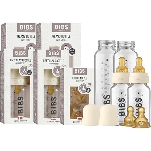 Bibs Baby Glass Bottle Starter Kit 4 Bottles, 3.7 oz & 7.6 oz | Anti-Colic Design, Vented Nipple, Breast-Like Transition | Lab-Grade Borosilicate Glass | Ivory
