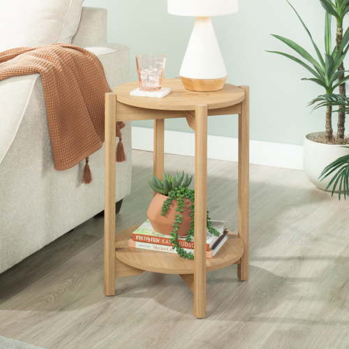 Mainstays Round Modern Dowel End Table, Natural Teak Finish
