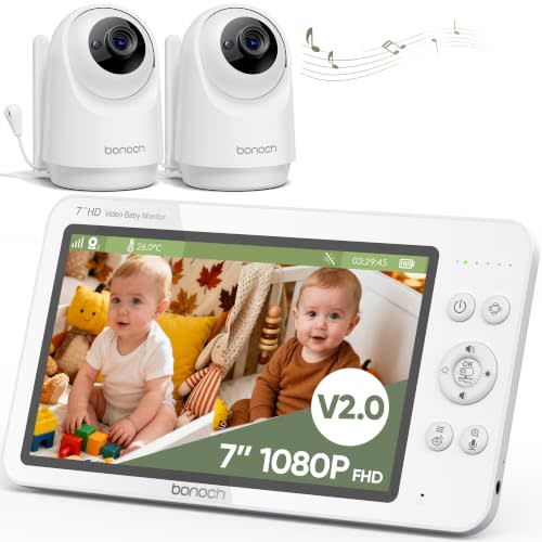 bonoch V2.0 1080P Baby Monitor with 2 Cameras, 7" MegaView Split Screen Baby Monitor No WiFi, 2026 Upgraded Sleep/Crying/Motion Detection, Dual Video Monitor with Camera and Audio, White Noise