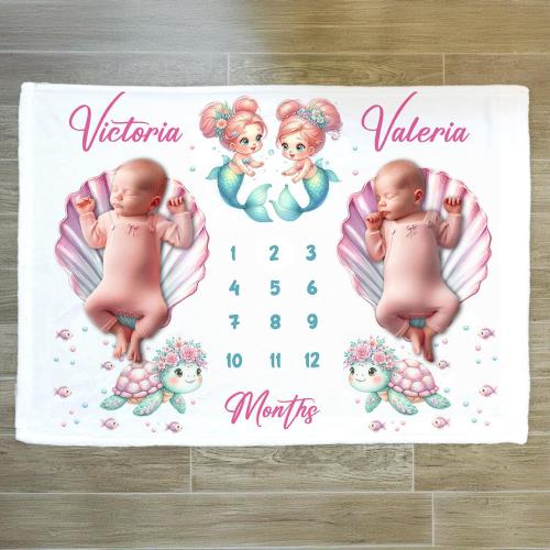 Personalized Mermaid Twin Milestone Blanket: Baby Girl Photo Prop