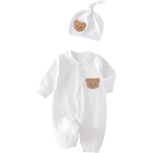 Baby Boys Girls Clothes with Hat, 100% Cotton Long Sleeve Ribbed Knit Button Infant Baby Romper Outfit