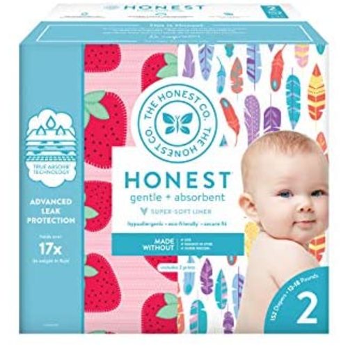The Honest Company Super Club Box Diapers with TrueAbsorb Technology, Painted Feathers & Strawberries, Size 2, 152 Count
