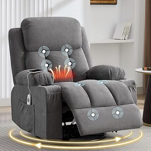 Swivel Rocker Recliner Chair with Vibration Massage and Heat for Living Room,with Rocking Function and Side Pocket, USB Charge Port,2 Cup Holders
