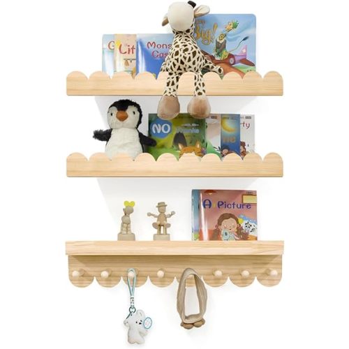 Floating Nursery Book Shelves with Hooks-20Inches Scalloped Shelves for Bedroom Kids Set of 3, Nursery Bookshelf for Kids Room Decor, Natural