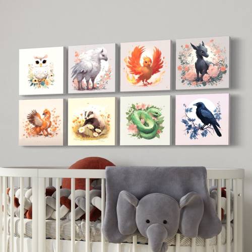 8pk Magic Creature Nursery Art, DIY nursery decor, Baby hedwig owl art, Magical creatures prints, griffin, snake, badger, raven,