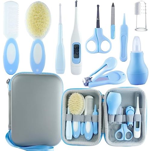 VZAYQUPXY Baby Grooming Kit, Baby Essentials for Newborns, Portable Baby Care Kit, Contains Baby Nail Clippers, Baby Comb, Baby Brush, Baby Ear Wax Removal Tool and More (10 in 1) (Blue)