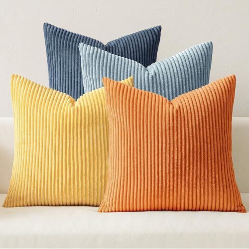 MIULEE Blue-Orange Corduroy Throw Pillow Covers - 18 x 18 (Set of 4)