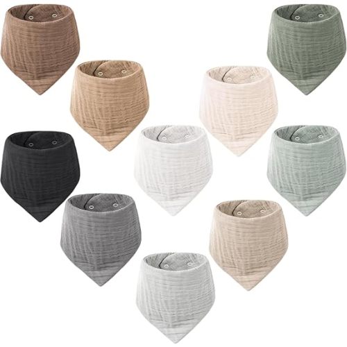 Konssy 10 Pack Baby Muslin Bandana Bibs for Drooling and Teething | 100% Cotton, 6-Layer Bibs, Pre-Washed Soft & Absorbent, Adjustable Neck Fit, Boys & Girls 0-36M