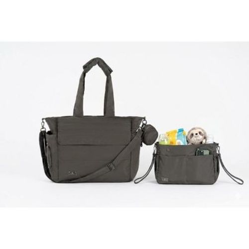 BabbleRoo Flo 2 in 1 Universal Stroller Caddy Organizer and Puffer Tote Diaper Bag Combo, Black