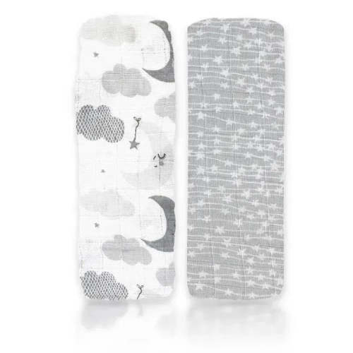 Rose Textiles - 2Pk Baby Muslin Swaddle Blankets, Grey Star/Wave