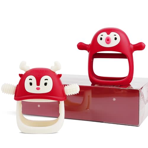Baby Christmas Stocking Stuffers-Smily Mia Penguin Buddy and Reindeer 2 in 1 Christmas Gift/Toy Set for 0-12 Months Teething Babies, Teeting Mittens For Babies, Infant Christmas Gift Box-Christmas Red
