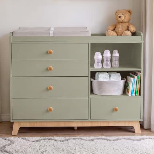 Changing Table Dresser, Baby Dresser with Removable Changing Topper | Fresh Toddler Dresser for Kids Bedroom, 5 Drawers & 2 Storage Shelves