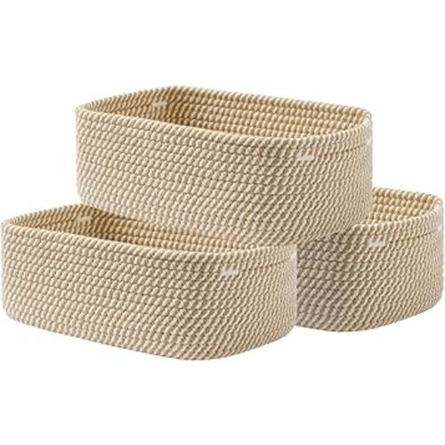 Small Woven Basket, 12 x 8 x 4.5 Inches, Storage Basket for Organizing, Cute Small Rope Shelf Closet Cube Storage Bins Baskets for Shelves, Dog Toy Gift Baskets Empty, 3 Pack Brown