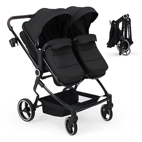 GarveeLife Side by Side Double Stroller for Twins, Lightweight Compact Foldable Baby Travel Stroller with High Landscape Seat, Adjustable Canopy & Recline for Infant and Toddler, Black