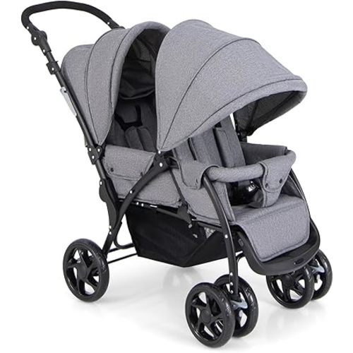 HONEY JOY Double Stroller, Foldable Lightweight Infant Twin with Tandem Seating, 5-Point Harness, Recline Seat, Storage Basket, Compact Baby Double Stroller Newborn and Toddler (Gray)