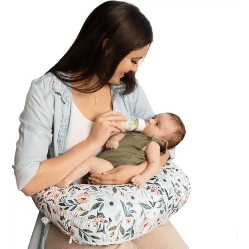 Boppy Nursing Pillow - Ergonomic Bottle & Breastfeeding Pillow with High, Firm, Large Area, Water-Repellent Cushion with Washable Cover; Baby Safety Alliance Verified - Pink Garden Flowers