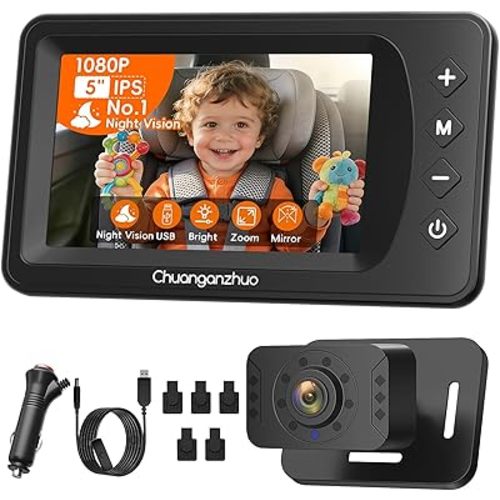 5'' Baby Car Camera with NO.1 Night Vision, USB Powered, 1080P IPS Crystal-Clear Car Baby Monitor With Brightness Setting, 3X Zoom and Mirror/Normal Mode, Infant Backseat Camera, S100U, 5inch Black