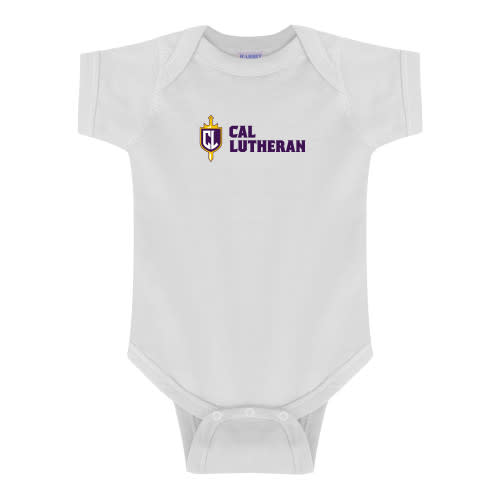 White Infant Onesie Sword and Shield Cal Lutheran