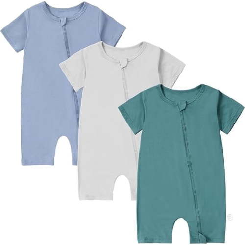 MICHLEY Bamboo Viscose Baby Rompers, Short Sleeve Summer Zipper Bodysuit for Newborn Toddler Unisex Clothes 0-24 Months 3 Pack