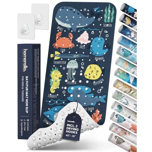 homerella Bathtub Mat Non Slip Kids 40x16 Baby Bath Mat Non Slip Anti Mold | 100% BPA Free, Non Toxic, Mildew Resistant, Machine Washable, Extra Long Kids Bath Mat for Tub Non Slip, Toddler Bath Mat