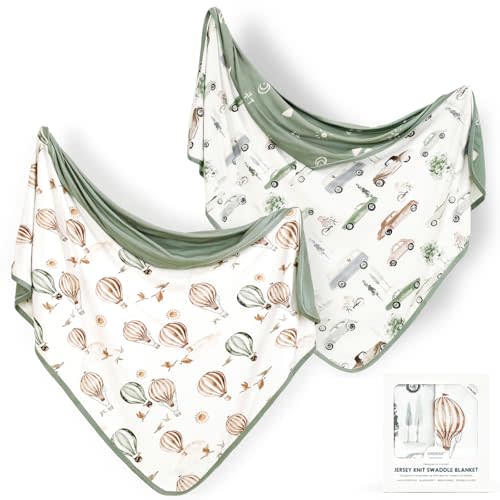 GRSSDER Baby Swaddle Blankets 2 Pack, Super Soft Jersey Knit Reversible Quilt for Baby Girls and Boys, Double Layer Receiving Blankets 34 x 44 Extra Large for Swaddling, Cars & Balloons