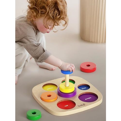 Dailyfunn Montessori Toys Wooden Rainbow Ring Stacker Color Size Learning Sorting Stacking Toy for Toddlers 1-3 Years Old
