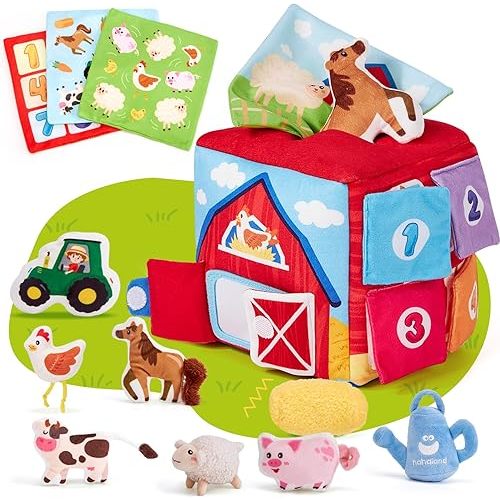 hahaland Baby Toys 6-12 Months - Mystery Soft Box with 12 Sensory Farm Animals Plush, Whats Inside Box with Rattle, Crinkle, Squeaker, Mirror, Montessori Toys for 6 Month Old Easter Basket Stuffers