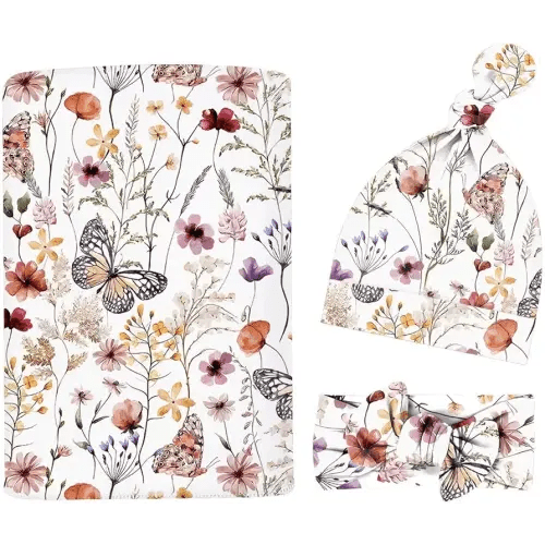 Newborn Swaddle Set with Matching Headband Hat and Bow Set Floral Baby Girl Newborn Receiving Blankets Baby Swaddle Nursery Wildflower Baby Blanket