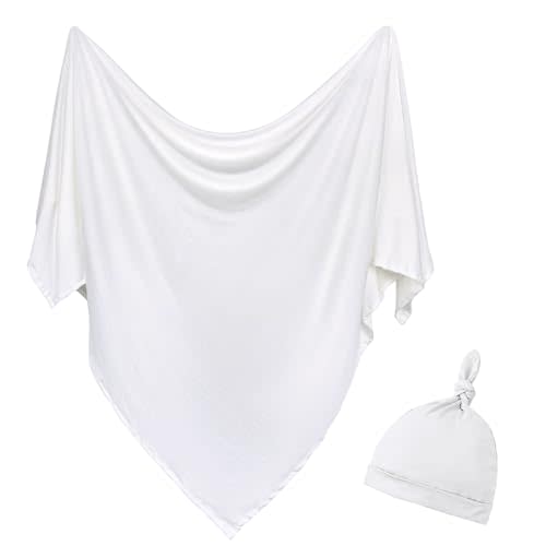 Aijoviko Newborn Swaddle Blanket with Hat Set Baby Swaddle Set Hospital Receiving Blankets for Girls Boys(Ivory,35"*35")