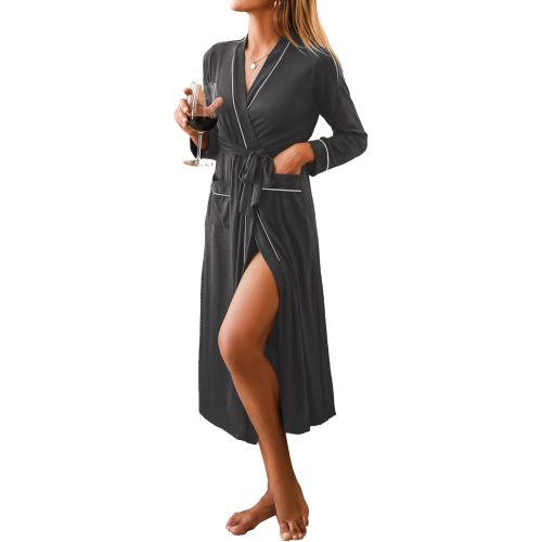 Ekouaer Women Kimono Robes Full Length Knit Bathrobe Lightweight Soft Sleepwear V-neck Casual Ladies Loungewear S-XXL