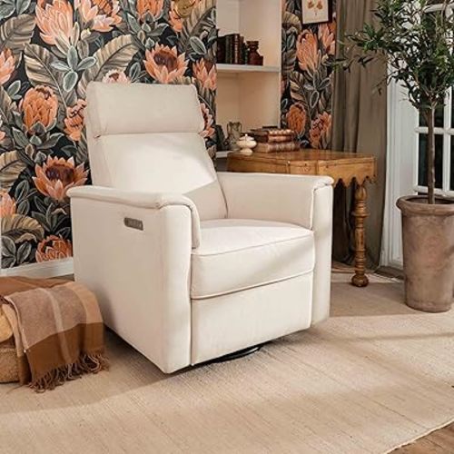 Namesake Willa Pro Power Recliner and Swivel Glider in Performance Cream Eco-Weave, Built-in USB Charging Port, Adjustable Headrest and Lumbar Support | Greenguard Gold and CertiPUR-US® Certified