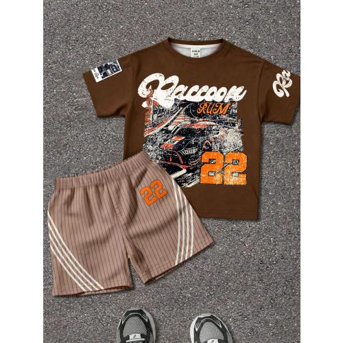 Baby Boy Casual Minimalist Round Neck Letter & Number Print Short Sleeve T-Shirt And Shorts Set, Suitable For Summer