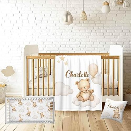 Personalized Cloud with Bear Crib Bedding Set for Baby Boys and Girls – Custom Name 3 Piece Nursery Set with Flannel Blanket, Fitted Crib Sheet & Pillowcase – Infant & Toddler Bedding Gift