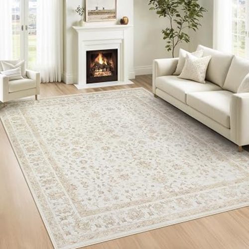5x7 Area Rugs for Living Room: Washable Vintage Floral Rug Low Pile Non-Slip Boho Carpet for Nursery Bedroom Dining Room (Vintage Beige, 5'x7')