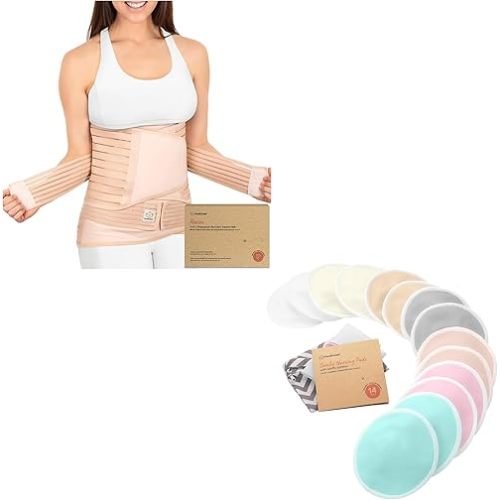 KeaBabies 3 in 1 Postpartum Belly Support Recovery Wrap and Reusable Nursing Pads for Breastfeeding - Postpartum Belly Band - 14-Pack - 4-Layers Nursing Pads