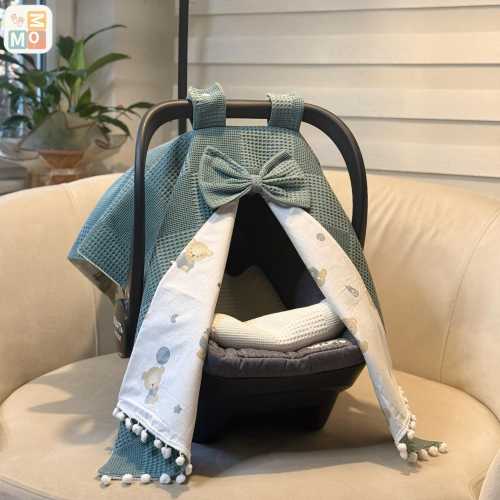 Petrol Green Waffle Cotton Baby Car Seat Canopy, Teddy Bear Print, Personalized Pram Cover